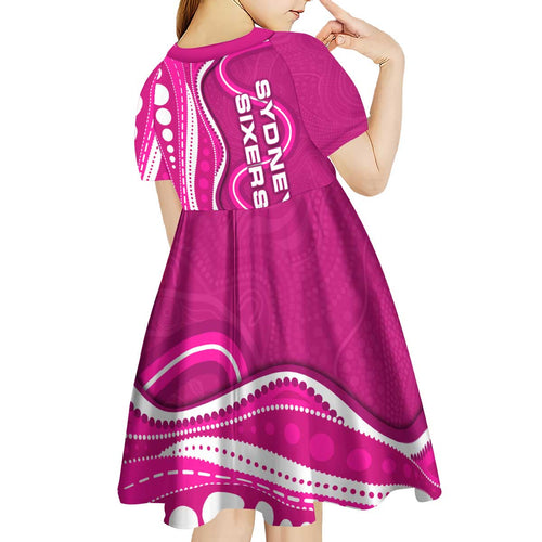 Sydney Sixers Kid Short Sleeve Dress Aboriginal Dot Art Pink White - Tribal Wave Pattern