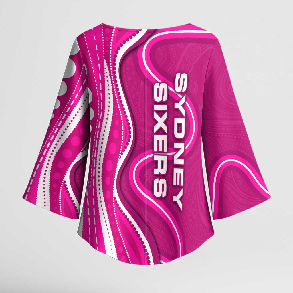 Sydney Sixers Kimono Sleeve Blouse Aboriginal Dot Art Pink White - Tribal Wave Pattern