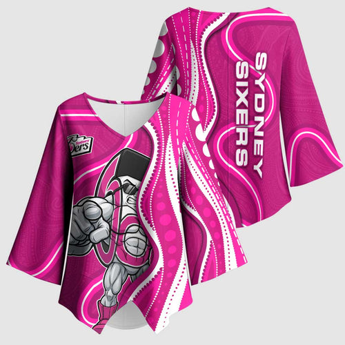 Sydney Sixers Kimono Sleeve Blouse Aboriginal Dot Art Pink White - Tribal Wave Pattern