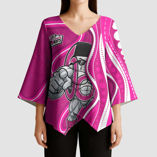 Sydney Sixers Kimono Sleeve Blouse Aboriginal Dot Art Pink White - Tribal Wave Pattern