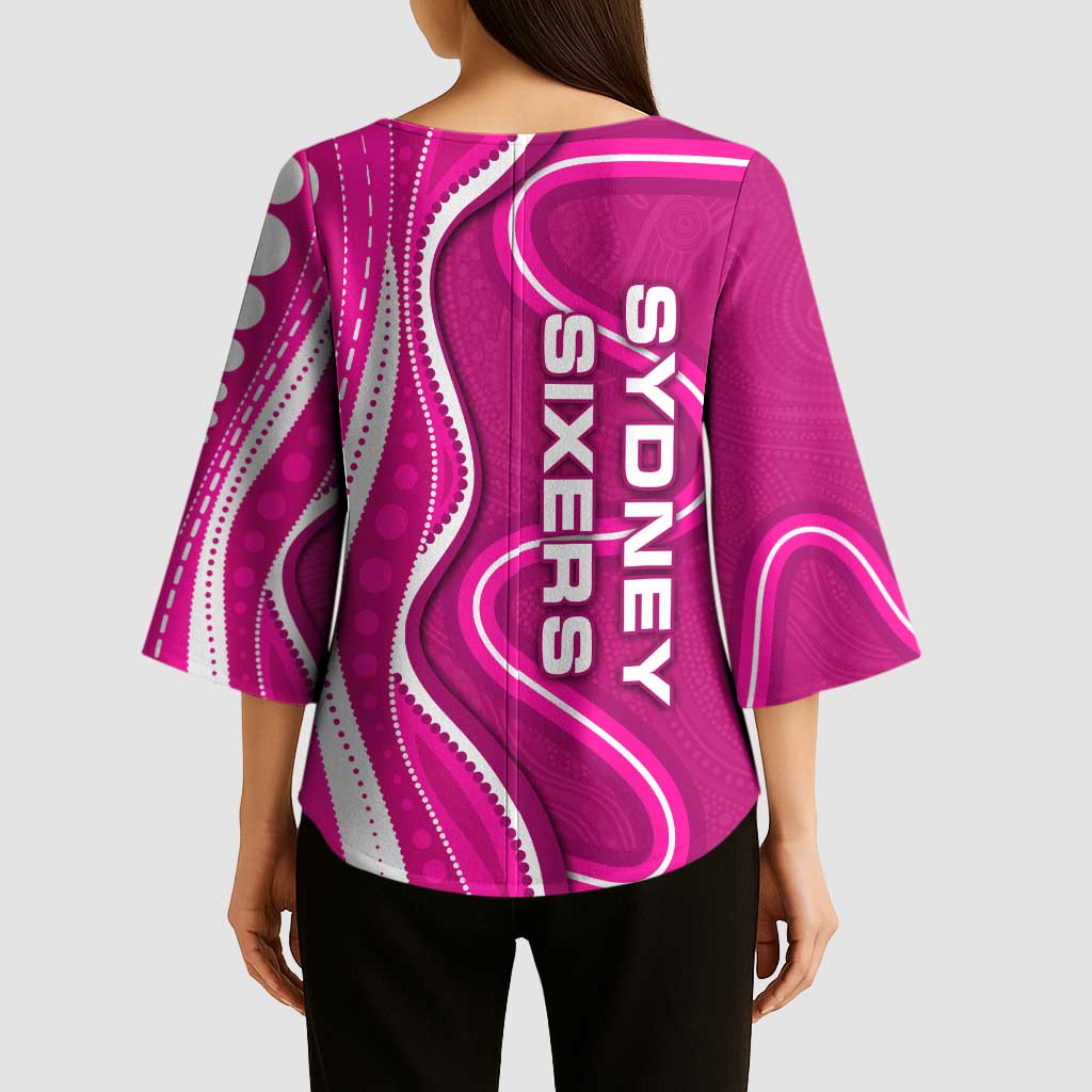 Sydney Sixers Kimono Sleeve Blouse Aboriginal Dot Art Pink White - Tribal Wave Pattern