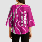 Sydney Sixers Kimono Sleeve Blouse Aboriginal Dot Art Pink White - Tribal Wave Pattern