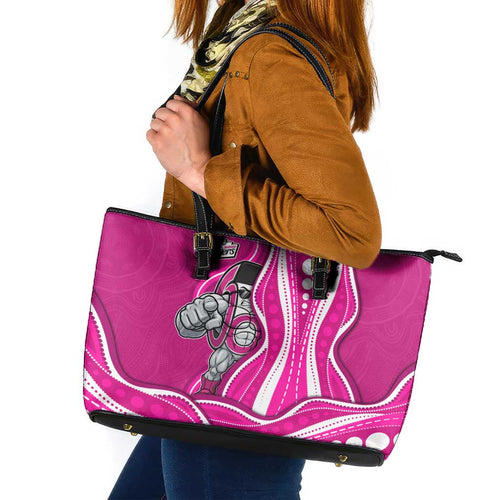 Sydney Sixers Leather Tote Bag Aboriginal Dot Art Pink White - Tribal Wave Pattern
