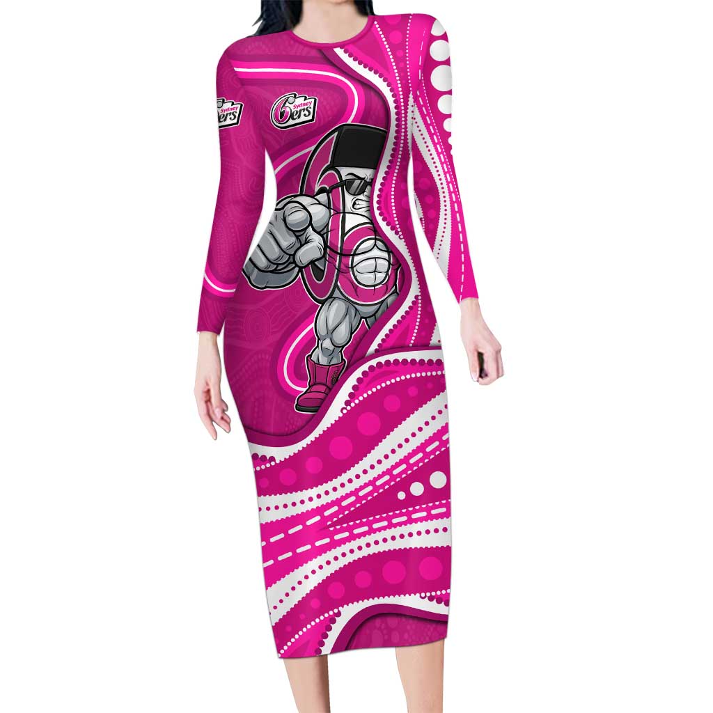 Sydney Sixers Long Sleeve Bodycon Dress Aboriginal Dot Art Pink White - Tribal Wave Pattern