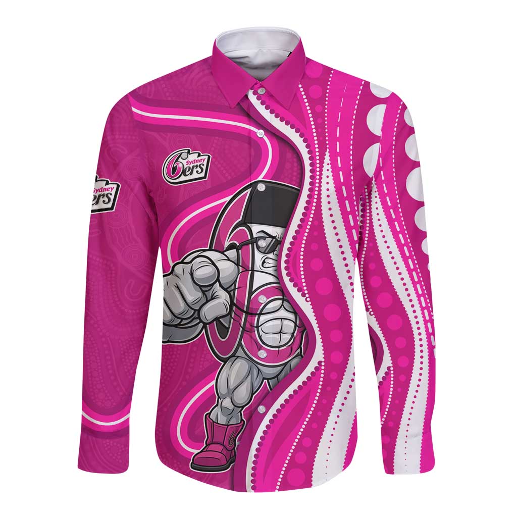 Sydney Sixers Long Sleeve Button Shirt Aboriginal Dot Art Pink White - Tribal Wave Pattern