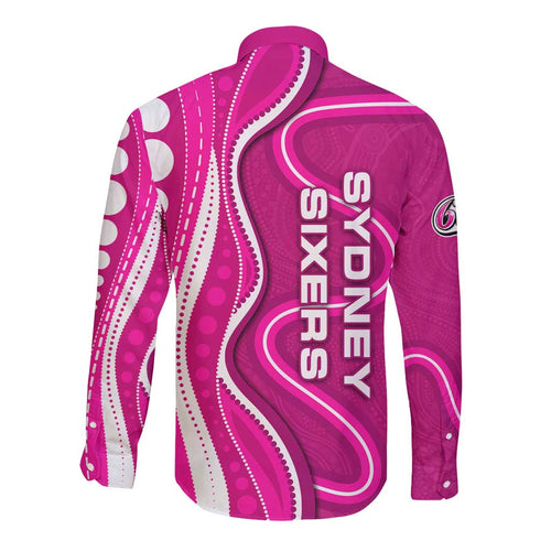 Sydney Sixers Long Sleeve Button Shirt Aboriginal Dot Art Pink White - Tribal Wave Pattern