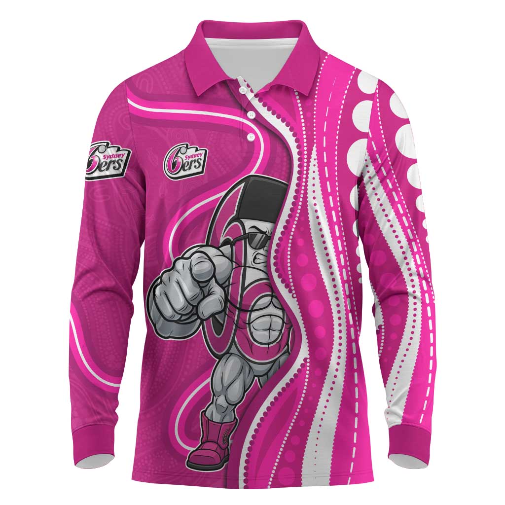 Sydney Sixers Long Sleeve Polo Shirt Aboriginal Dot Art Pink White - Tribal Wave Pattern
