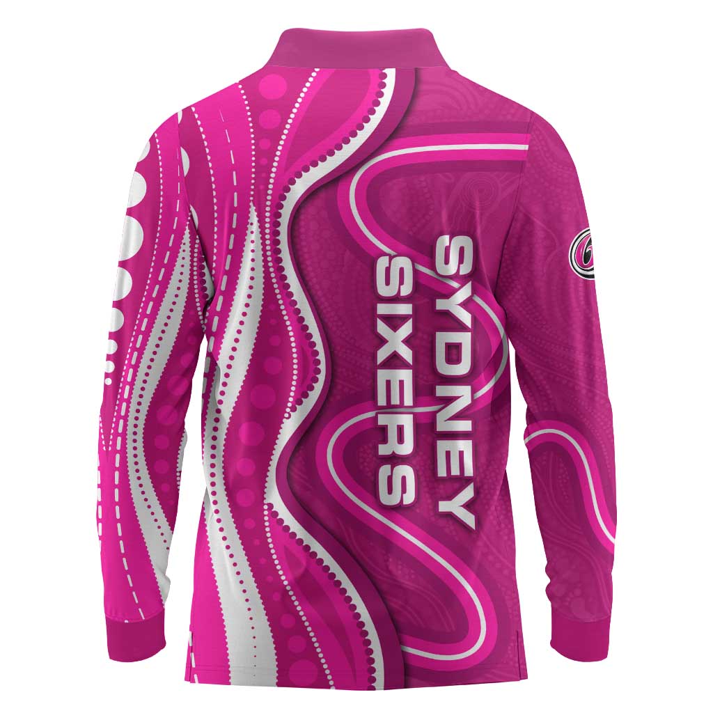 Sydney Sixers Long Sleeve Polo Shirt Aboriginal Dot Art Pink White - Tribal Wave Pattern