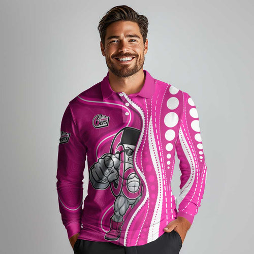 Sydney Sixers Long Sleeve Polo Shirt Aboriginal Dot Art Pink White - Tribal Wave Pattern