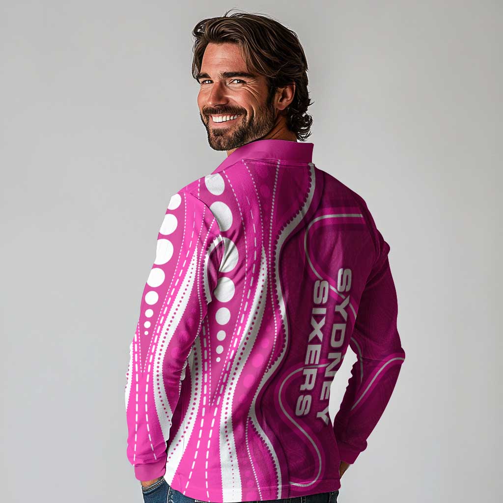 Sydney Sixers Long Sleeve Polo Shirt Aboriginal Dot Art Pink White - Tribal Wave Pattern