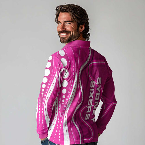 Sydney Sixers Long Sleeve Polo Shirt Aboriginal Dot Art Pink White - Tribal Wave Pattern