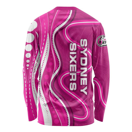 Sydney Sixers Long Sleeve Shirt Aboriginal Dot Art Pink White - Tribal Wave Pattern