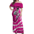 Sydney Sixers Off Shoulder Maxi Dress Aboriginal Dot Art Pink White - Tribal Wave Pattern