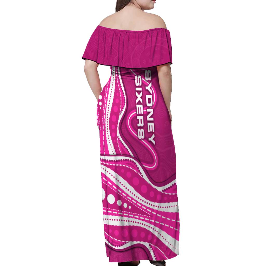 Sydney Sixers Off Shoulder Maxi Dress Aboriginal Dot Art Pink White - Tribal Wave Pattern