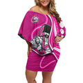 Sydney Sixers Off Shoulder Short Dress Aboriginal Dot Art Pink White - Tribal Wave Pattern