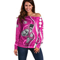 Sydney Sixers Off Shoulder Sweater Aboriginal Dot Art Pink White - Tribal Wave Pattern