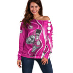 Sydney Sixers Off Shoulder Sweater Aboriginal Dot Art Pink White - Tribal Wave Pattern