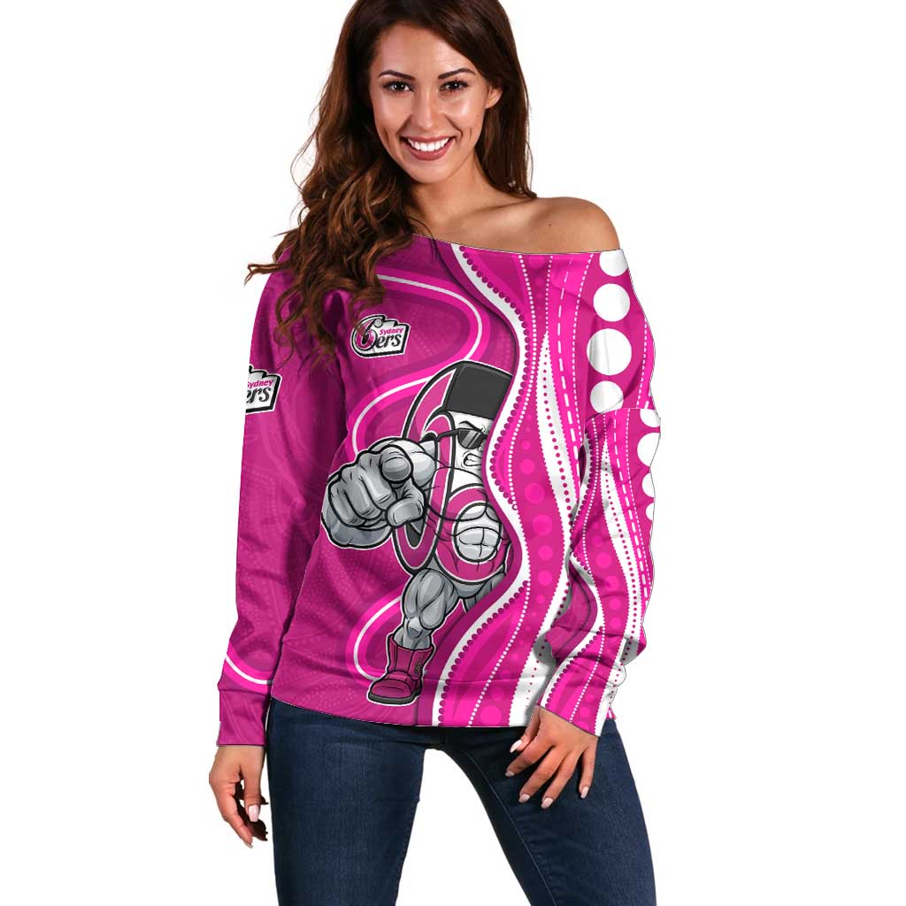 Sydney Sixers Off Shoulder Sweater Aboriginal Dot Art Pink White - Tribal Wave Pattern