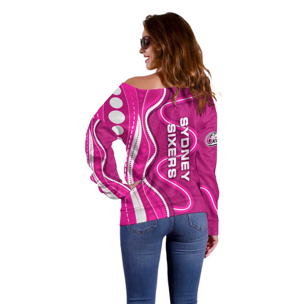 Sydney Sixers Off Shoulder Sweater Aboriginal Dot Art Pink White - Tribal Wave Pattern