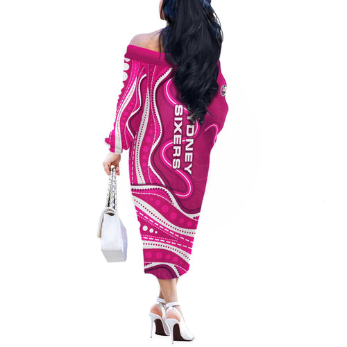 Sydney Sixers Off The Shoulder Long Sleeve Dress Aboriginal Dot Art Pink White - Tribal Wave Pattern