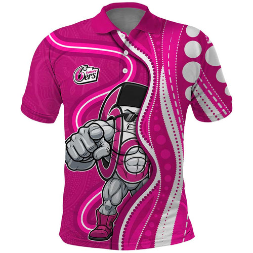 Sydney Sixers Polo Shirt Aboriginal Dot Art Pink White - Tribal Wave Pattern