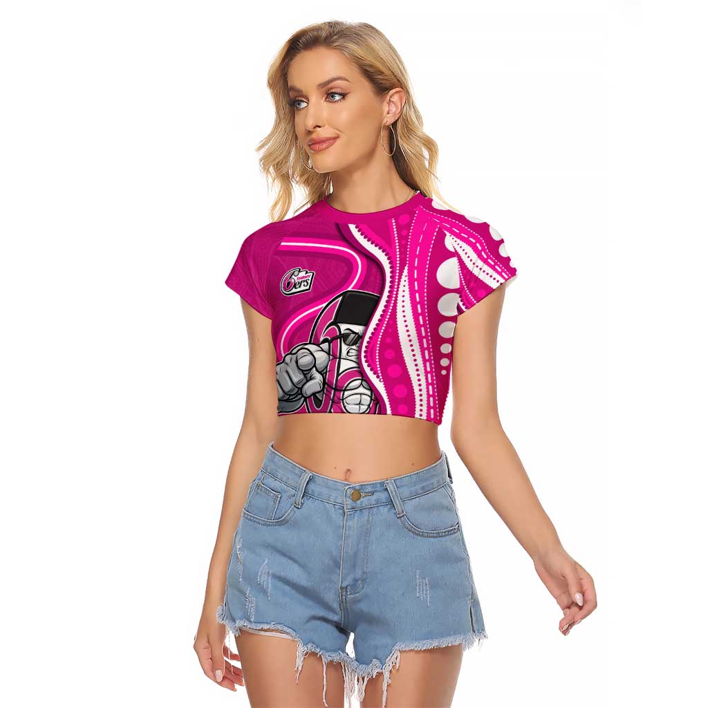 Sydney Sixers Raglan Cropped T Shirt Aboriginal Dot Art Pink White - Tribal Wave Pattern