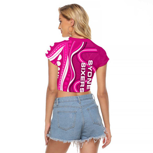 Sydney Sixers Raglan Cropped T Shirt Aboriginal Dot Art Pink White - Tribal Wave Pattern