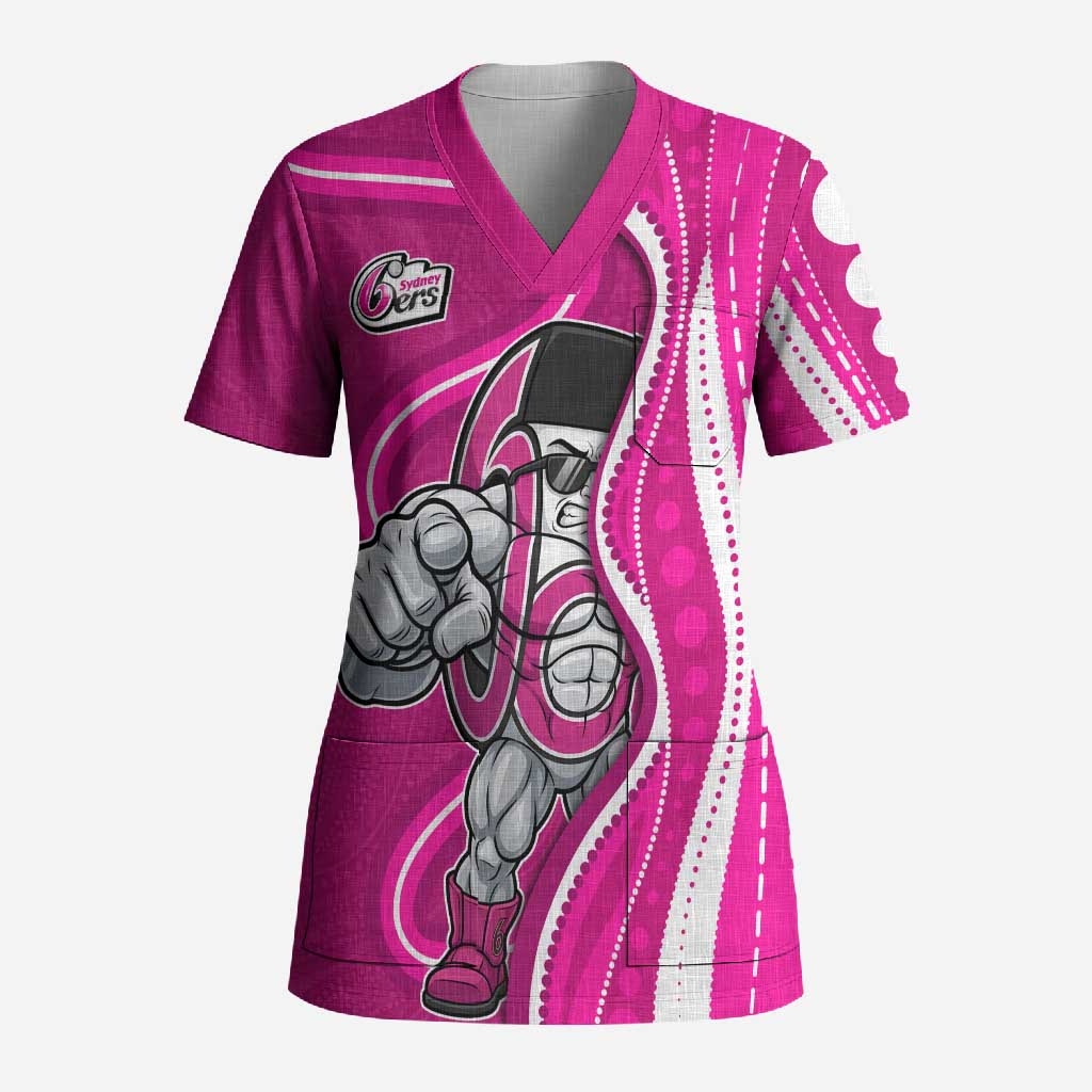 Sydney Sixers Scrub Top Aboriginal Dot Art Pink White - Tribal Wave Pattern