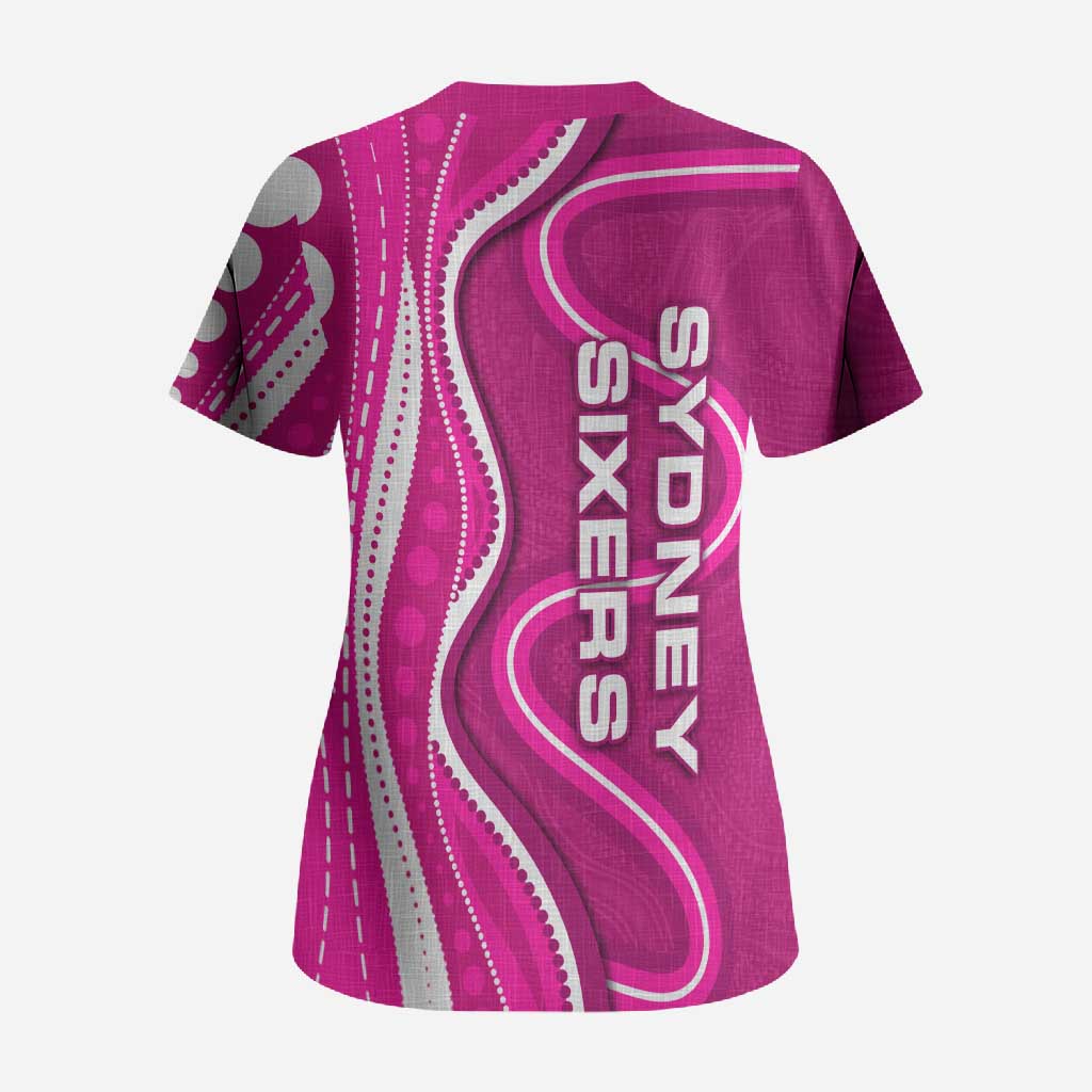 Sydney Sixers Scrub Top Aboriginal Dot Art Pink White - Tribal Wave Pattern