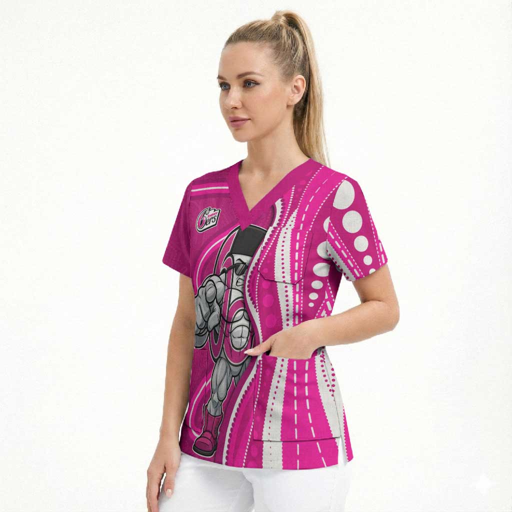 Sydney Sixers Scrub Top Aboriginal Dot Art Pink White - Tribal Wave Pattern