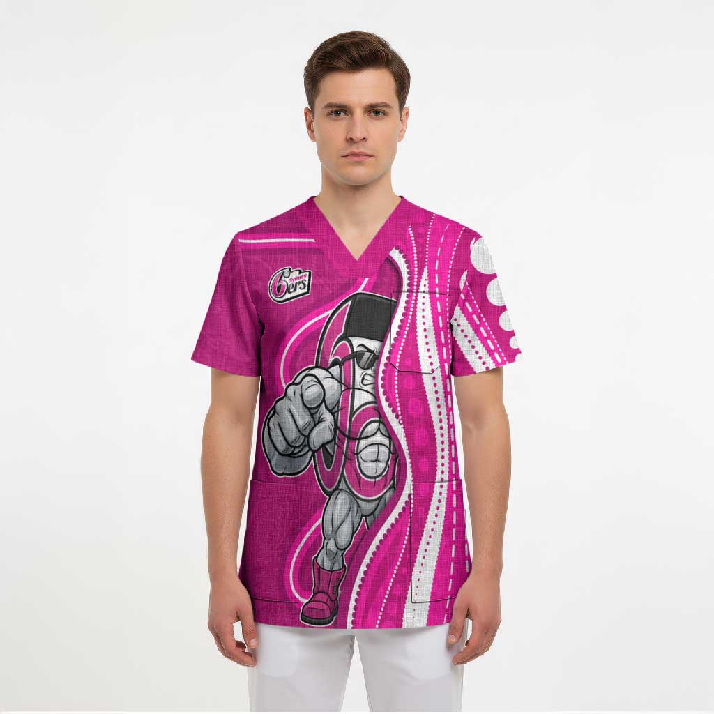 Sydney Sixers Scrub Top Aboriginal Dot Art Pink White - Tribal Wave Pattern