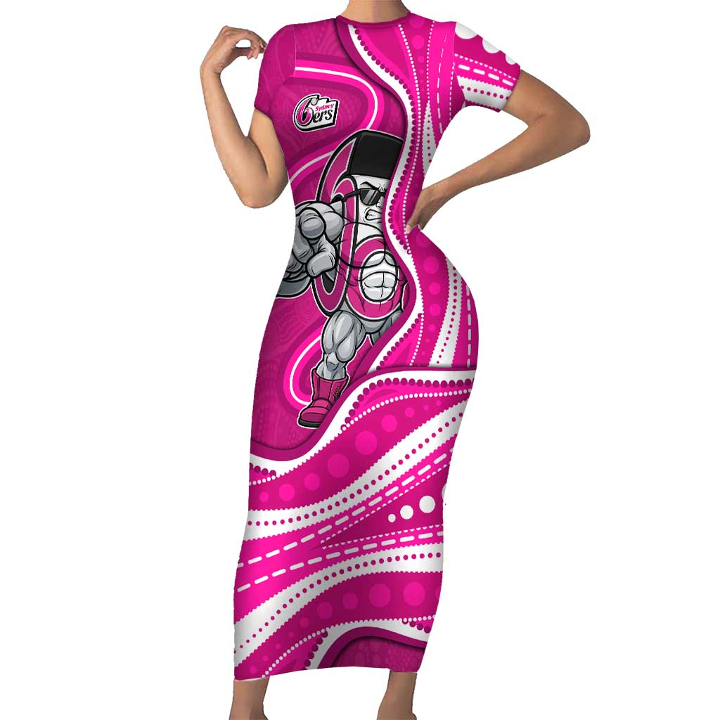 Sydney Sixers Short Sleeve Bodycon Dress Aboriginal Dot Art Pink White - Tribal Wave Pattern