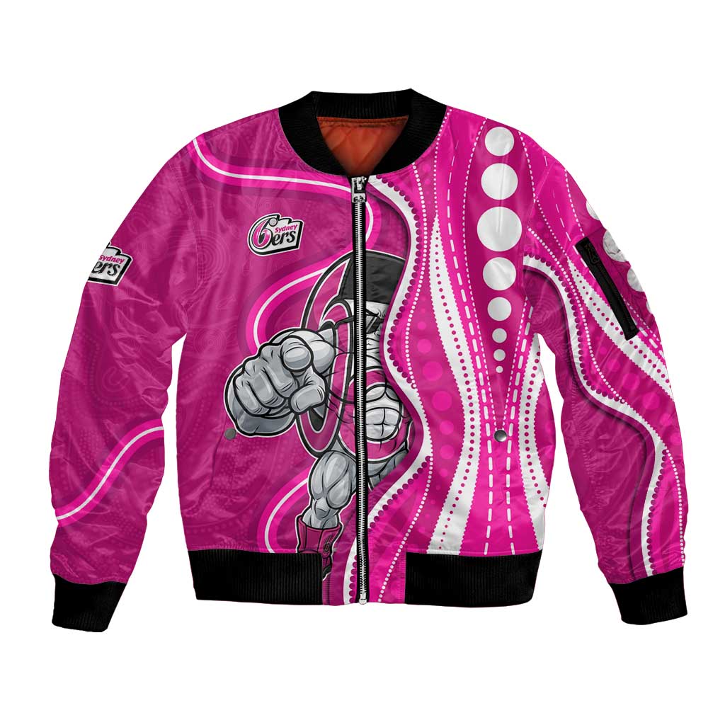 Sydney Sixers Sleeve Zip Bomber Jacket Aboriginal Dot Art Pink White - Tribal Wave Pattern