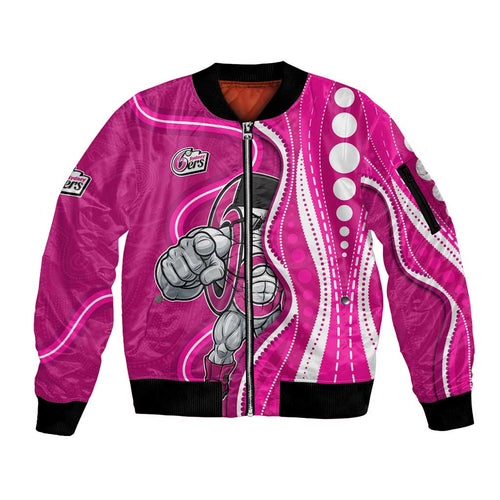 Sydney Sixers Sleeve Zip Bomber Jacket Aboriginal Dot Art Pink White - Tribal Wave Pattern