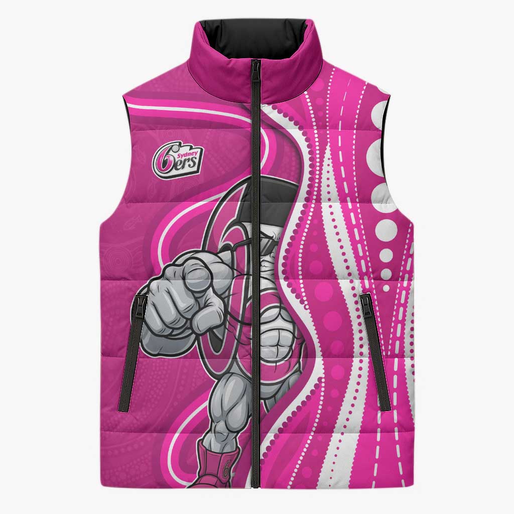 Sydney Sixers Sleeveless Puffer Jacket Aboriginal Dot Art Pink White - Tribal Wave Pattern