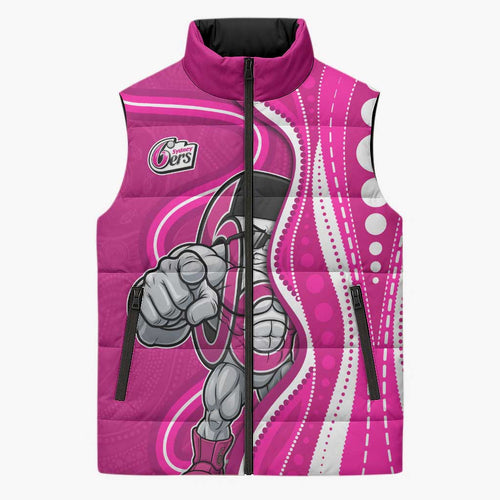 Sydney Sixers Sleeveless Puffer Jacket Aboriginal Dot Art Pink White - Tribal Wave Pattern