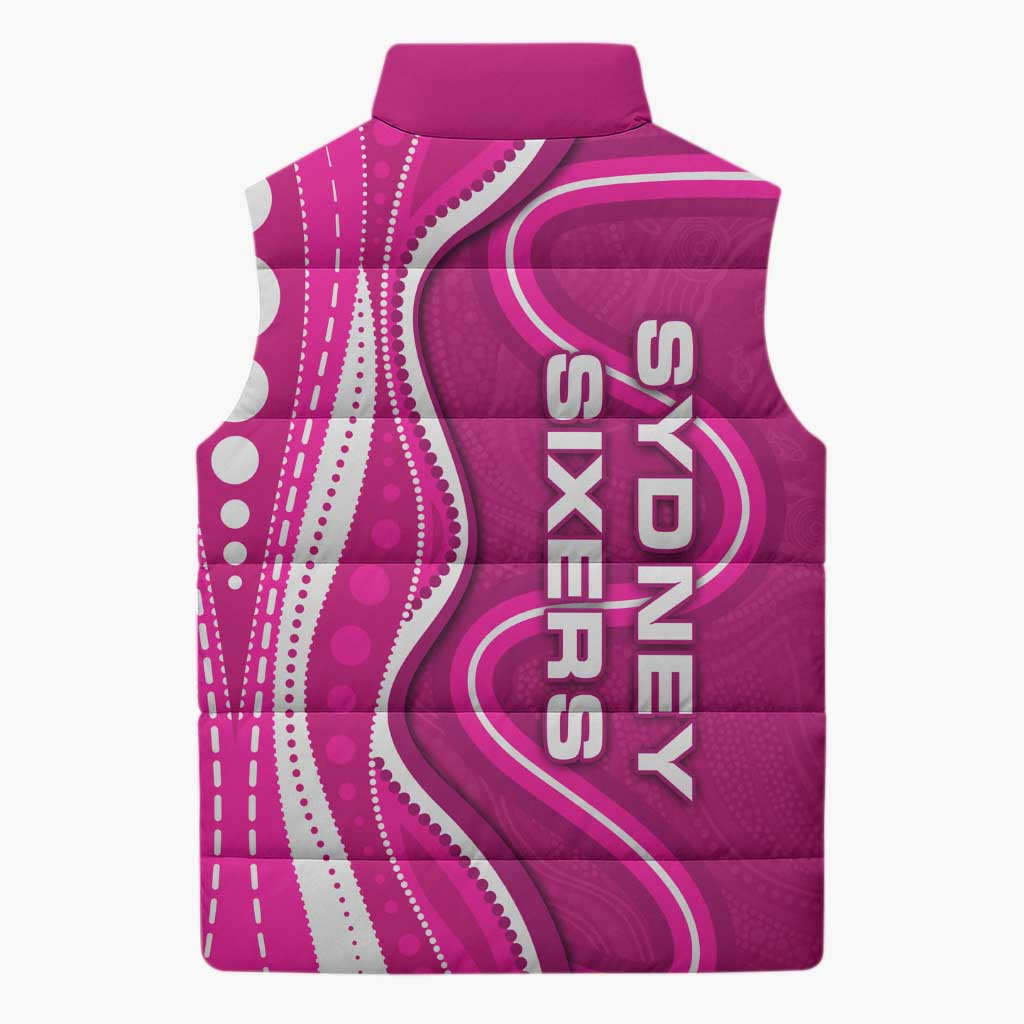Sydney Sixers Sleeveless Puffer Jacket Aboriginal Dot Art Pink White - Tribal Wave Pattern