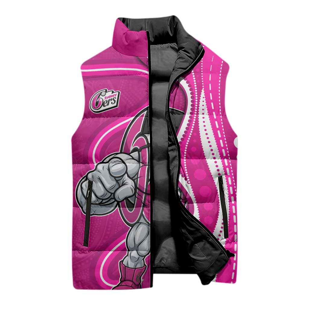 Sydney Sixers Sleeveless Puffer Jacket Aboriginal Dot Art Pink White - Tribal Wave Pattern