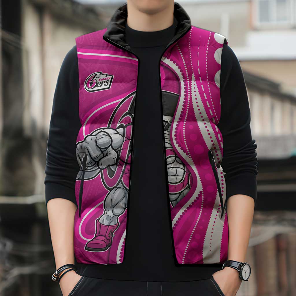 Sydney Sixers Sleeveless Puffer Jacket Aboriginal Dot Art Pink White - Tribal Wave Pattern