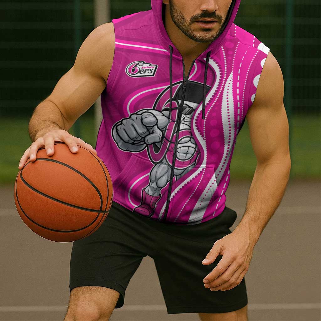 Sydney Sixers Sleeveless Zip Hoodie Aboriginal Dot Art Pink White - Tribal Wave Pattern