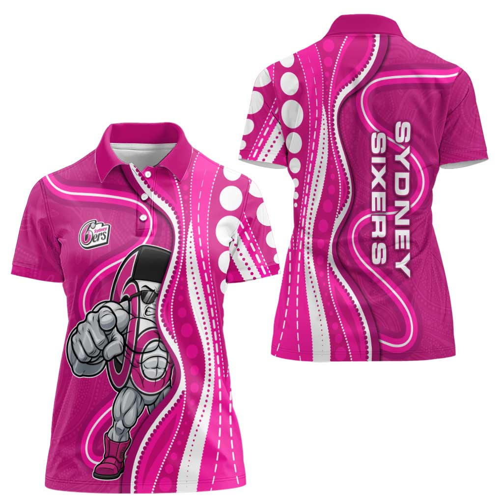 Sydney Sixers Women Polo Shirt Aboriginal Dot Art Pink White - Tribal Wave Pattern