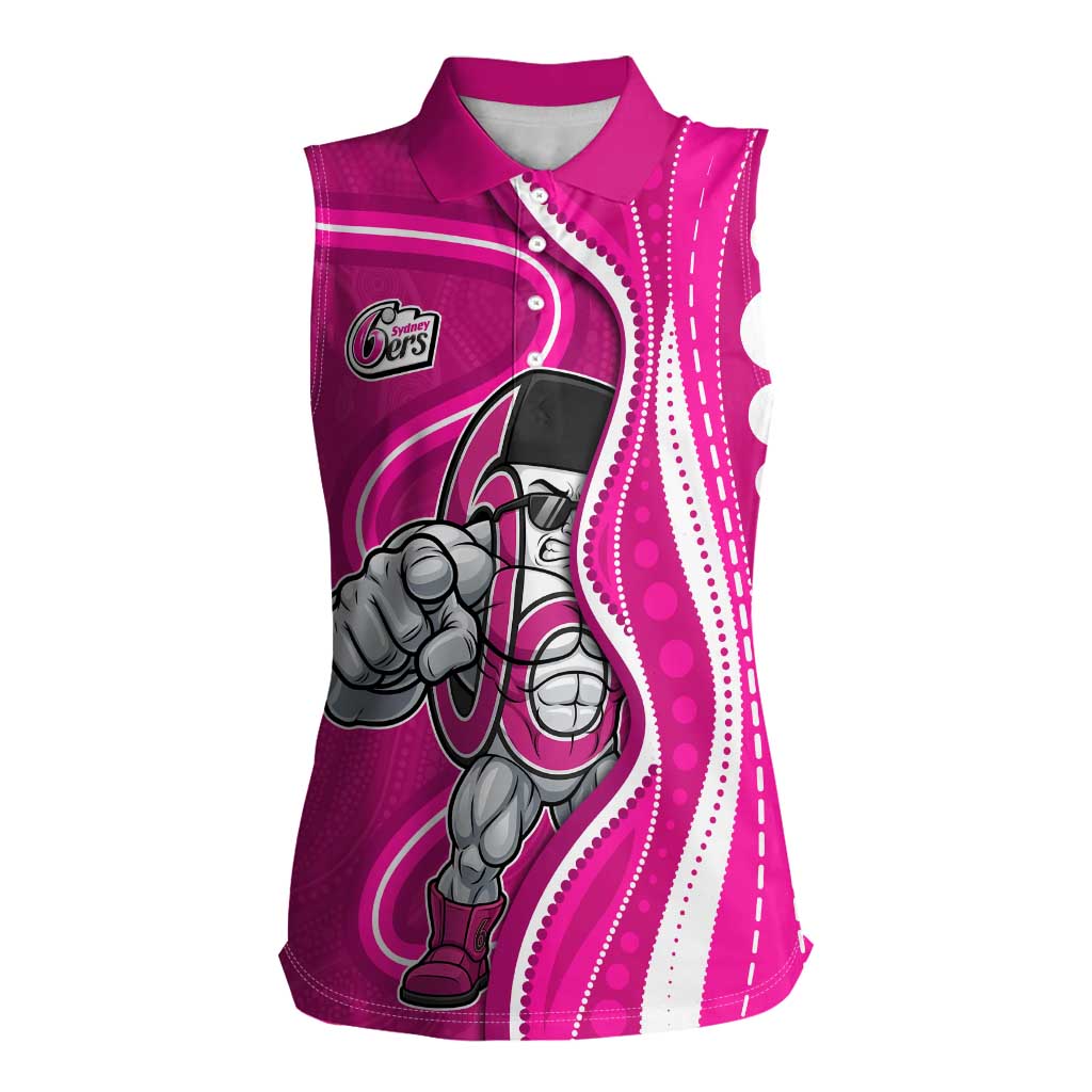 Sydney Sixers Women Sleeveless Polo Shirt Aboriginal Dot Art Pink White - Tribal Wave Pattern