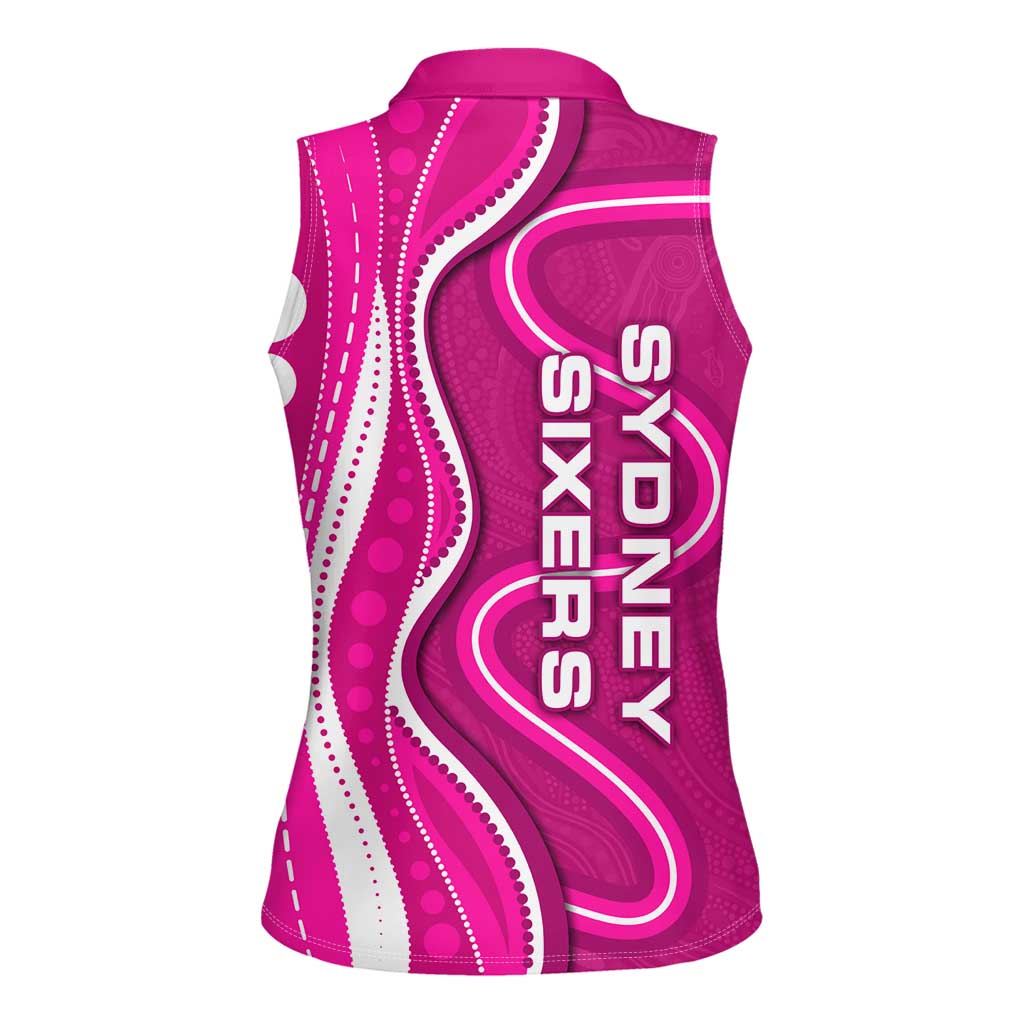 Sydney Sixers Women Sleeveless Polo Shirt Aboriginal Dot Art Pink White - Tribal Wave Pattern