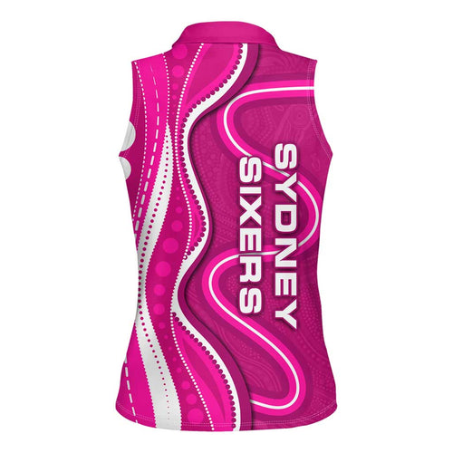 Sydney Sixers Women Sleeveless Polo Shirt Aboriginal Dot Art Pink White - Tribal Wave Pattern