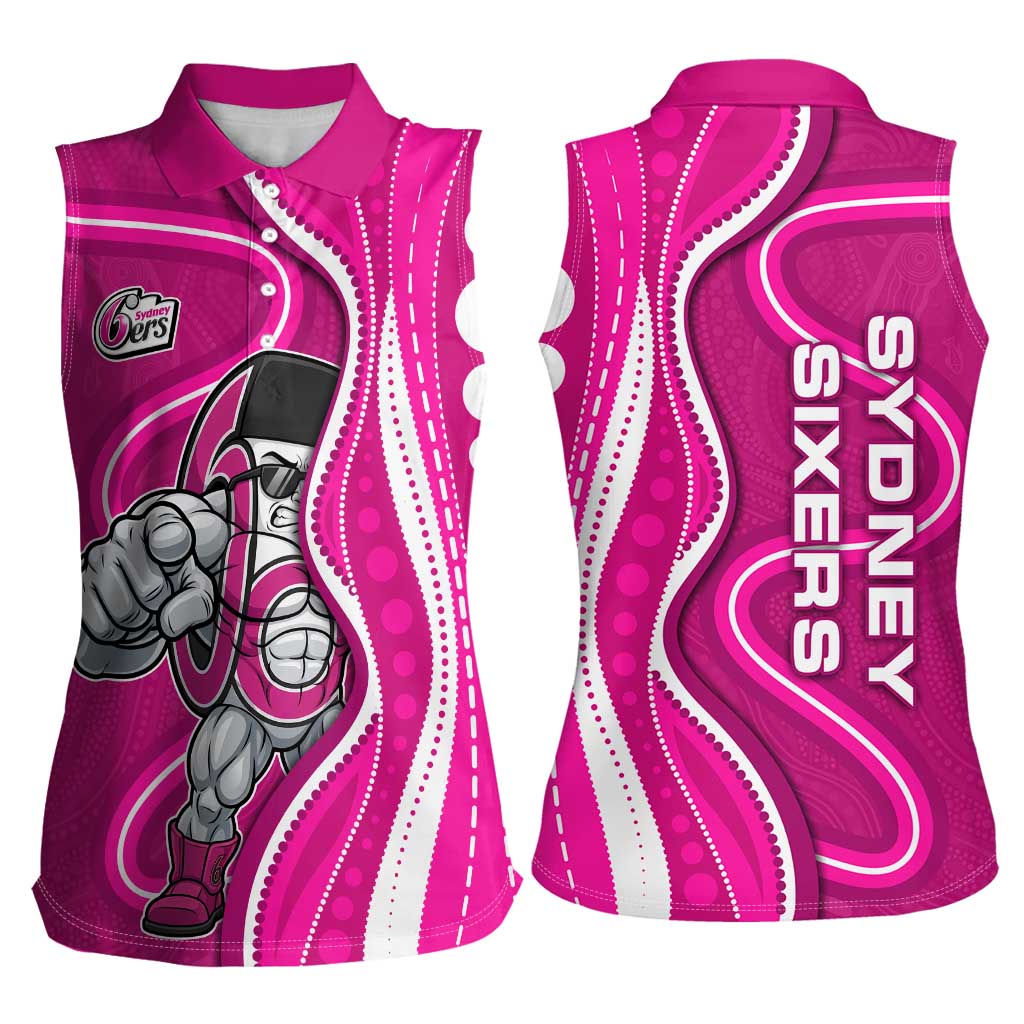 Sydney Sixers Women Sleeveless Polo Shirt Aboriginal Dot Art Pink White - Tribal Wave Pattern