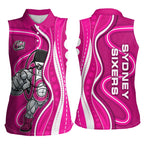 Sydney Sixers Women Sleeveless Polo Shirt Aboriginal Dot Art Pink White - Tribal Wave Pattern