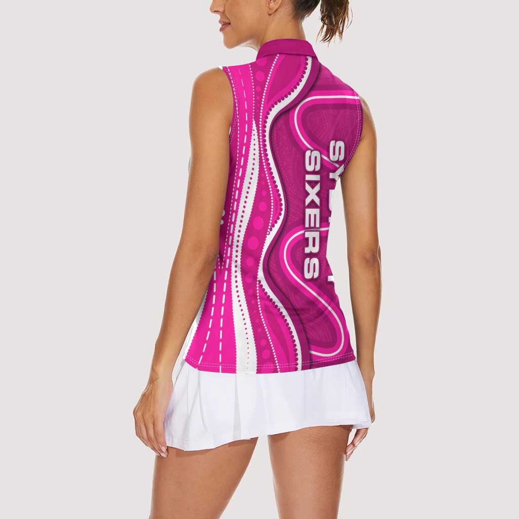 Sydney Sixers Women Sleeveless Polo Shirt Aboriginal Dot Art Pink White - Tribal Wave Pattern