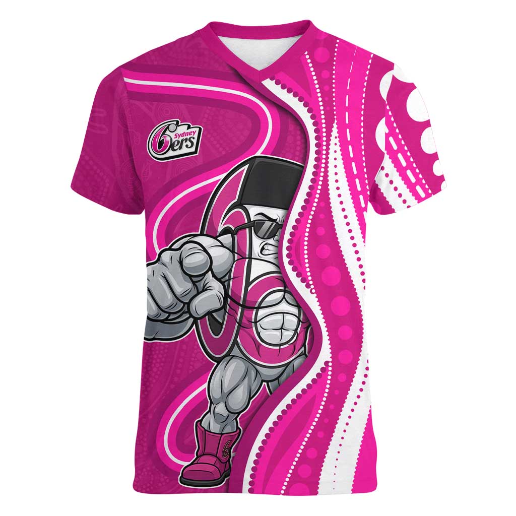 Sydney Sixers Women V-Neck T-Shirt Aboriginal Dot Art Pink White - Tribal Wave Pattern