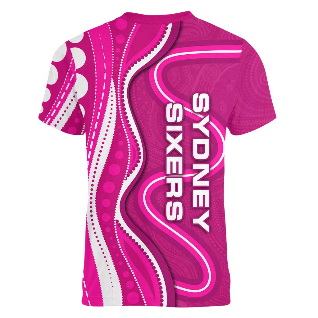 Sydney Sixers Women V-Neck T-Shirt Aboriginal Dot Art Pink White - Tribal Wave Pattern