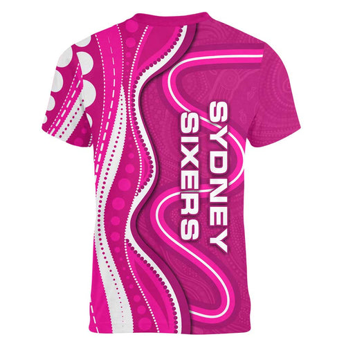 Sydney Sixers Women V-Neck T-Shirt Aboriginal Dot Art Pink White - Tribal Wave Pattern